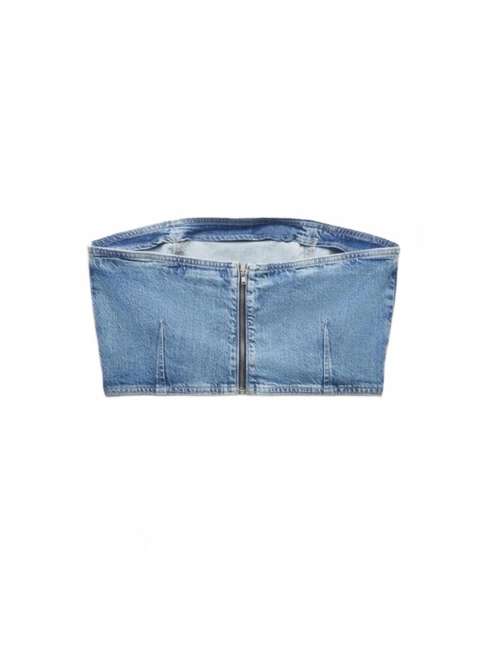 ZARA Denim Corset Tube Top Medium Wash Strapless Jean Crop Top Small - Picture 4 of 8